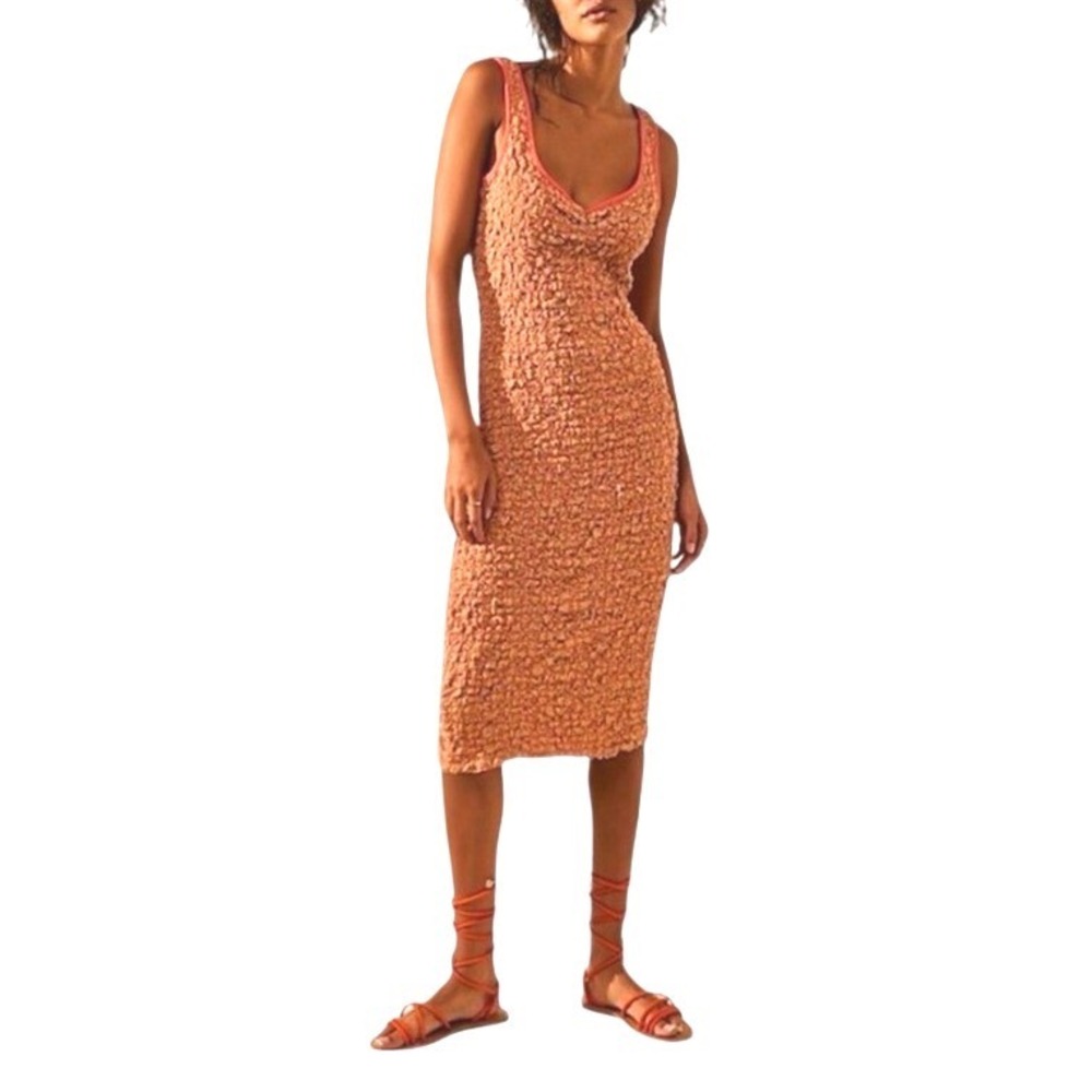 NWOT Free People Set The Bar Midi Dress Crinkle‎ Texture Coral Trim Size M